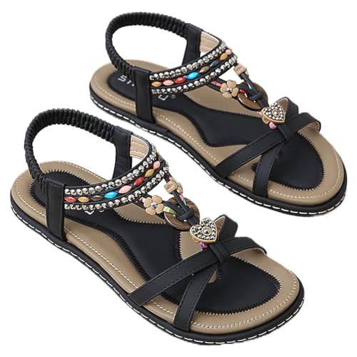 HiGropcore Sandalen Damen Sommer Strass Bohemia Flache Sandaletten Gummiband Slingback Sandalen Rutschfeste Strand Schuhe Weichen Sohlen Sommerschuhe Bequem Elegante Glitzer Sandalen von HiGropcore