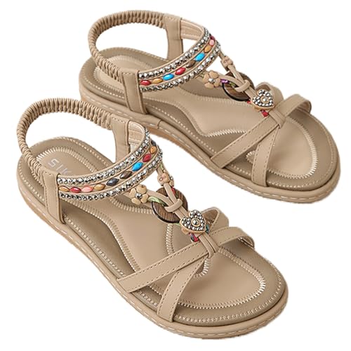 HiGropcore Sandalen Damen Sommer Strass Bohemia Flache Sandaletten Gummiband Slingback Sandalen Rutschfeste Strand Schuhe Weichen Sohlen Sommerschuhe Bequem Elegante Glitzer Sandalen von HiGropcore