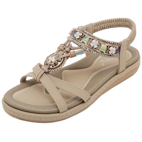 HiGropcore Sandalen Damen Sommer Strass Bohemia Flache Sandaletten Gummiband Slingback Sandalen Sommerschuhe Damen Weichen Sohlen Sandalen Bequem Rutschfeste Elegante Glitzer Sandalen keilsandalen von HiGropcore