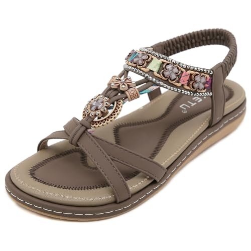 HiGropcore Sandalen Damen Sommer Strass Bohemia Flache Sandaletten Gummiband Slingback Sandalen Sommerschuhe Damen Weichen Sohlen Sandalen Bequem Rutschfeste Elegante Glitzer Sandalen keilsandalen von HiGropcore