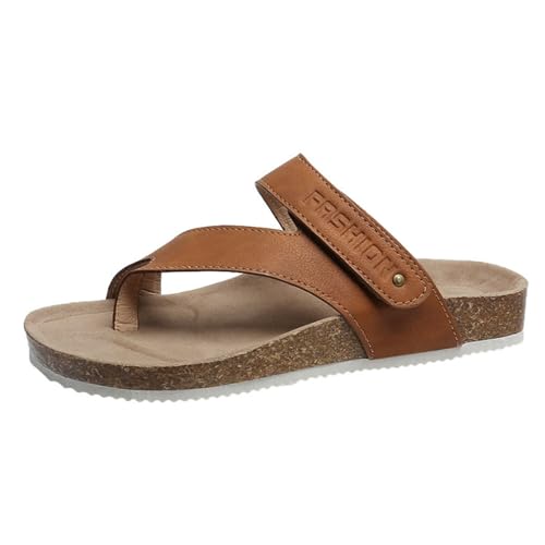 HiGropcore Zehentrenner Damen Flip Flops Damen Elegant Pantoletten mit Kork-Fussbett Leder Sandalen Frauen Elastisch Flach Sommerschuhe Plateau Zehentrenner Strandsandaletten von HiGropcore