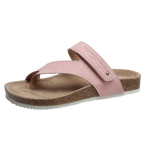 HiGropcore Zehentrenner Damen Flip Flops Damen Elegant Pantoletten mit Kork-Fussbett Leder Sandalen Frauen Elastisch Flach Sommerschuhe Plateau Zehentrenner Strandsandaletten von HiGropcore