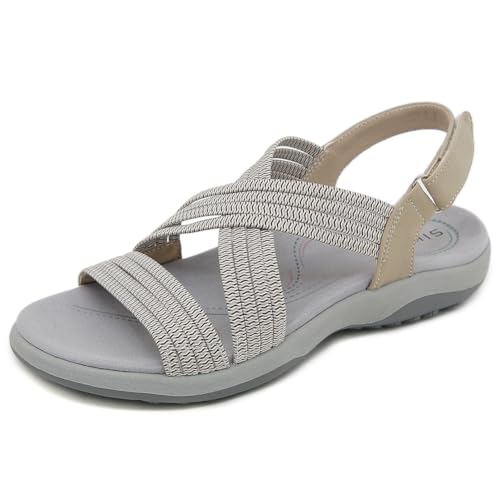 HiGropcore Damen Stretch Sportsandale Bequeme Treckingsandalen für breite Füße,Sommer Wandersandalen Flach Rutschfest Damensandalen mit Fußgewölbeunterstützung Klettverschluss Strandsandaletten von HiGropcore