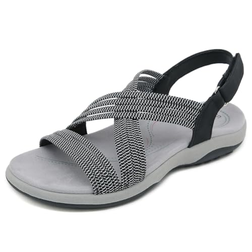 HiGropcore Damen Stretch Sportsandale Bequeme Treckingsandalen für breite Füße,Sommer Wandersandalen Flach Rutschfest Damensandalen mit Fußgewölbeunterstützung Klettverschluss Strandsandaletten von HiGropcore