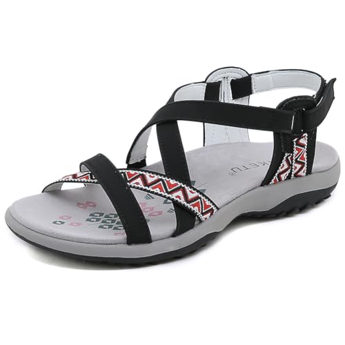 Orthopädische Damen Sandalen - Bequeme Treckingsandalen für breite Füße, Flach und Elegant, Rutschfest Damensandalen Fußgewölbeunterstützung Klettverschluss Strandsandaletten- Sommer Must-Have von HiGropcore