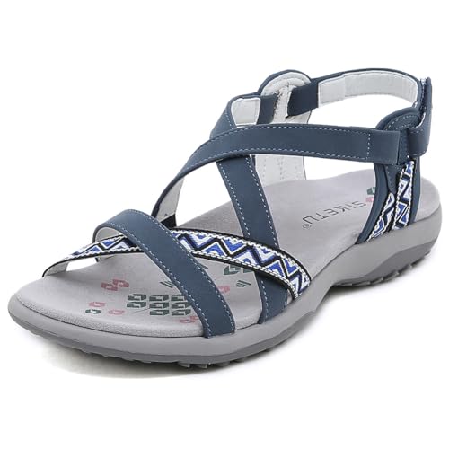 HiGropcore Damen Stretch Sportsandale Bequeme Treckingsandalen für breite Füße,Sommer Wandersandalen Flach Rutschfest Damensandalen mit Fußgewölbeunterstützung Klettverschluss Strandsandaletten von HiGropcore