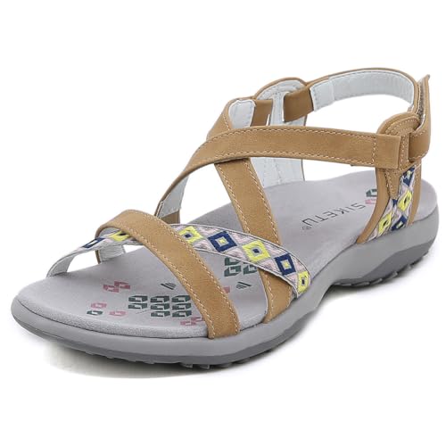 HiGropcore Damen Stretch Sportsandale Bequeme Treckingsandalen für breite Füße,Sommer Wandersandalen Flach Rutschfest Damensandalen mit Fußgewölbeunterstützung Klettverschluss Strandsandaletten von HiGropcore