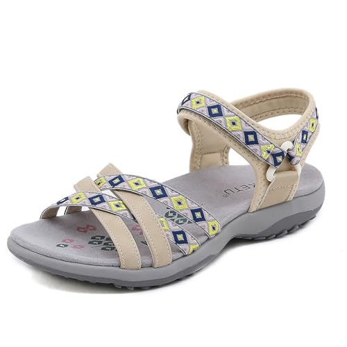 HiGropcore Damen Sandalen Sommer Wandersandalen Bequeme Sport Outdoor Sandalen Plateau rutschfeste Sandaletten Sportsandalen mit Fußgewölbeunterstützung Klettverschluss Strandsandaletten von HiGropcore