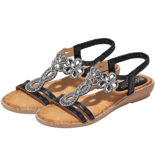 Sandalen Damen Sommer Strass Bohemia T-Riemen Sandaletten Gummiband Slingback Sandalen Sommerschuhe Damen Weichen Sohlen Sandalen Bequem Rutschfeste Elegant Glitzer Sandalen keilsandalen Strandschuhe von HiGropcore