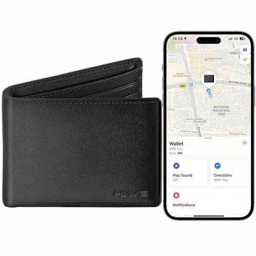 Anti-Verlust-Geldbörse für Männer mit wiederaufladbarem Find My Tracker integriert, Bifold Vegan Leder Geldbörse RFID Blockierung Schlank Nicht für Android Schwarz von HiWe