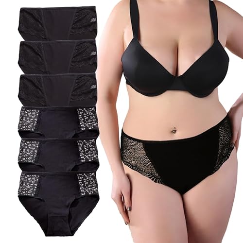 HiaLegion Höschen Baumwolle Frauen Hohe Taille Briefs Bequem Unterwäsche Damen Unterhosen Baumwolle Volldeckung Große Größen Schwarz 6 Stück 4XL von HiaLegion