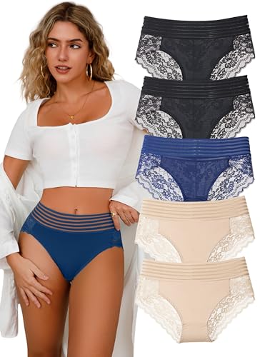 Hialagion Damen Unterhosen Spitze mit Hohe Tallien Weiblich Höschen Nahtlos Atmungsaktives Bikini-Unterhose mit Elastischer Bund Für Frauen 5er Große Größen 2XL von Hialegion
