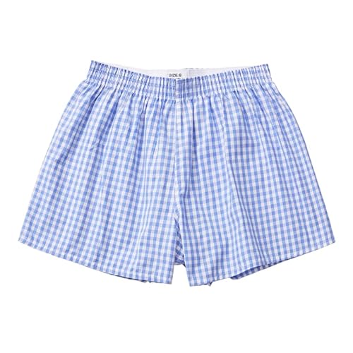 Hialegion Boxershorts Damen Baumwolle Plaid Schalfhose Damen Pyjama Bequme Weite Freizeithose Sommer Shorts Y2K Blaue Karo XS von Hialegion