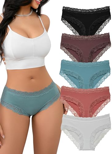 Hialegion Damen Baumwolle Slips Höschen Frauen Spitzenbesatz Unterhosen Mädchen Spitzenverzierung am Bund Womens Hipster Pantys 5er L von Hialegion