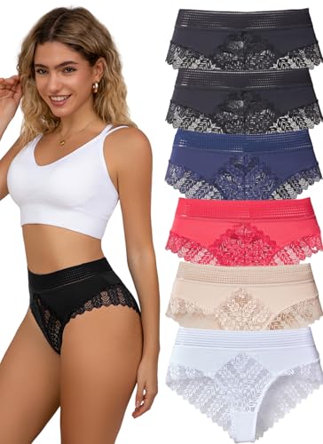 Hialegion Frauen Slip Spitze Damen Nahtlos Höschen mit Hohe Taille Unterhosen Damen Hipster Unterwäsche Womens High-Waist Pantys 6 Stück L von Hialegion