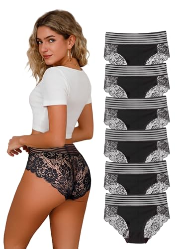 Hialegion Damen Slips Mehrpack Spitze Unterhosen Nahtlos Höschen Lace Unterwäsche für Frauen Schwarz Große Größen Damen 6er 2XL von Hialegion