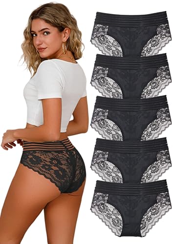 Hialegion Schlüpfer Hochbund mit Breitem Tailleband für Frauen Unterhosen Spitze Nahtlos und Atmungsaktives Damen Slips Große Größen Schwarz 5er 4XL von Hialegion