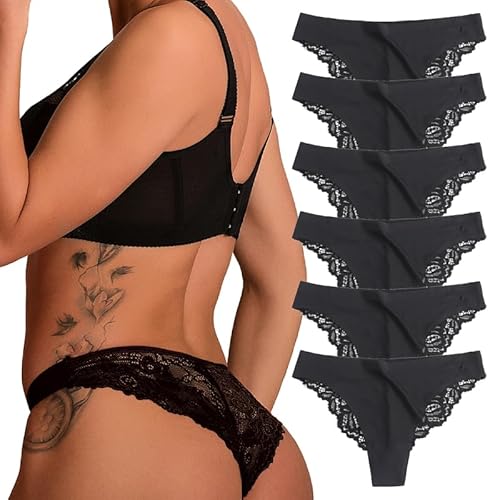 Hialegion Sexy Tanga Damen Spitze Seide Bikini Slip Nahtlose Brazilian Slip Mehrpack Unterhosen Damen Atmungsaktiv Größe Schwarz 6 Stück 1XL von Hialegion