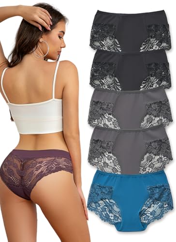 Hialegion Slips Spitzen Damen Hipster Unterwäsche mit Breitem Tailleband für Frauen Womens Schöne Pantys Full-Coverage 5PCS L von Hialegion