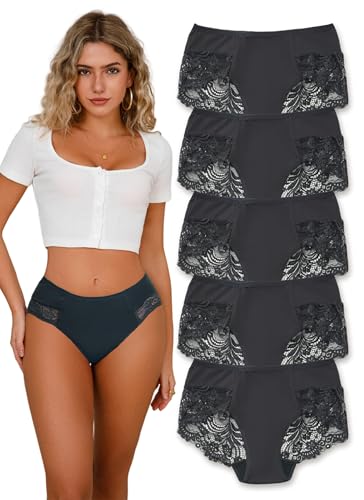 Hialegion Unterhosen Schwarz Damen Spitze Hipster-Unterwäsche mit Spitzenbesatz für Frauen Große Größen Womens Full-Brief Schlüpfer Taillenlips 5er 1XL von Hialegion