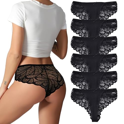 Hialegion Unterwäsche Frauen Baumwolle Slip Damen Sexy Hipster Spitzebesatz Low-Rise Höschen Unterhosen Schwarz 6 Stück S von Hialegion