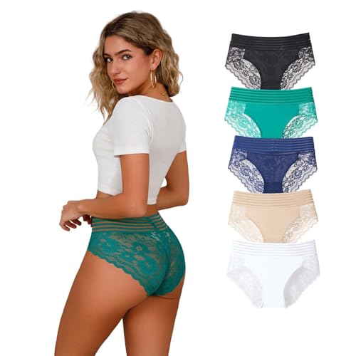 Hialegion Unterwäsche Patchwork-Spitze für Damen Slips Blumen - Spitze Höschen Hose Stretch Schöne und Unsichtbare Frauen 5er Große Größen 2XL von Hialegion