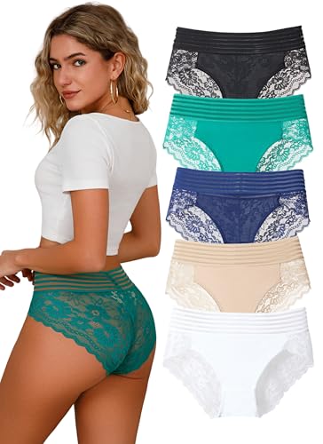 Hialegion Unterwäsche Patchwork-Spitze für Damen Slips Blumen - Spitze Höschen Hose Stretch Schöne und Unsichtbare Frauen 5er Große Größen 3XL von Hialegion