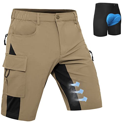 Hiauspor MTB Hose Herren Kurz Mountainbike Hose mit 4D Sitzpolster Amungsaktiv Fahrradhose Schnelltrocknend Radlerhose Bike Shorts mit 5 Taschen Outdoorhose (Khaki, L) von Hiauspor