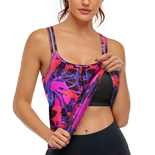 Hibelle Damen Workout Yoga Racerback Tank Tops mit integriertem Regal-BH, Lila, Rot mit Blumenmuster, Mittel von Hibelle