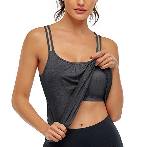 Hibelle Damen Workout Yoga Racerback Tank Tops mit integriertem Regal-BH, Schwarz Grau, XX-Large von Hibelle