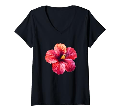 Damen Hübsche Hibiskusblüte T-Shirt mit V-Ausschnitt Damen Hübsche Hibiskusblüte T-Shirt mit V-Ausschnitt von Hibiscus Flower Outfit