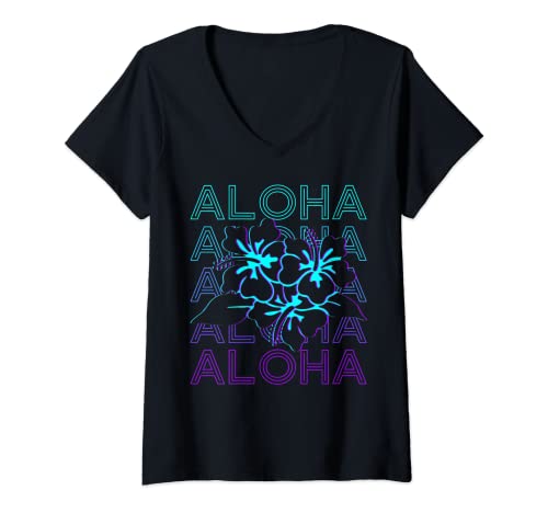 Damen Aloha Hibiskus Hawaii Blume Retro Aloha T-Shirt mit V-Ausschnitt Damen Aloha Hibiskus Hawaii Blume Retro Aloha T-Shirt mit V-Ausschnitt von Hibiscus Gifts