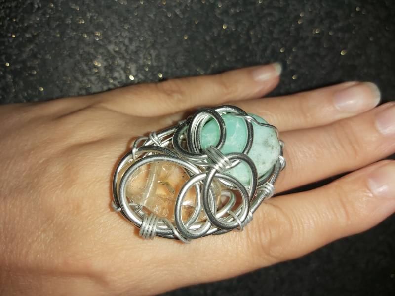 Kunstring Chrysopras Cetrine Naturstein Großer Ring Drahtring Geschenk Für Frauen Ringgeschenk Naturschmuck Größe 19, 0 Mm Sie von HibiscusSK