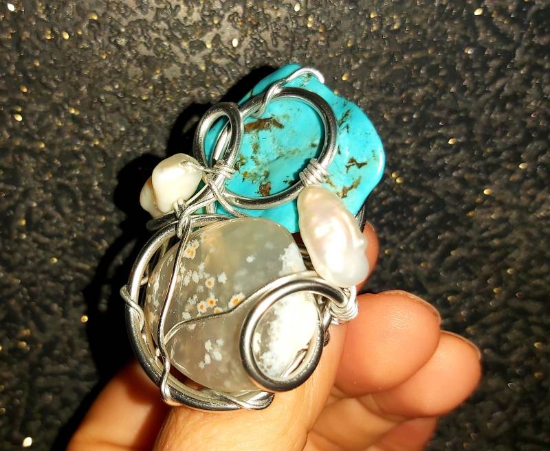 Kunstring Opal Perle Türkis Naturstein Drahtring Großer Ring Kristall Mineral Geschenk Für Frauen Sie Schöner von HibiscusSK