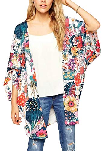 Hibluco Damen-Kimono-Cardigan, durchsichtig, Chiffon, Blumenmuster, Lange Bluse - - Small von Hibluco
