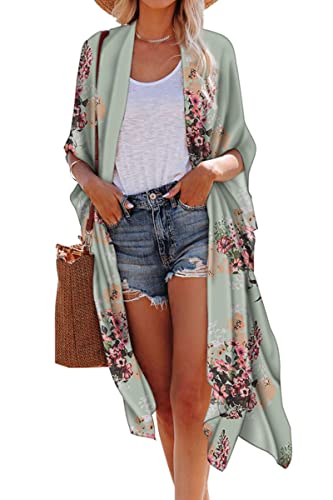 Hibluco Damen-Kimono-Cardigan, durchsichtig, Chiffon, Blumenmuster, lange Bluse - - 5X von Hibluco