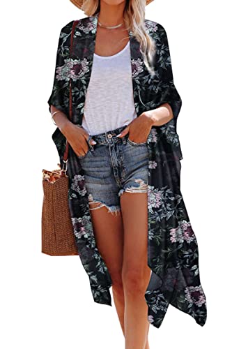 Hibluco Damen-Kimono aus Chiffon, durchsichtig, mit Blumenmuster, langes, lockeres Oberteil - - Large von Hibluco