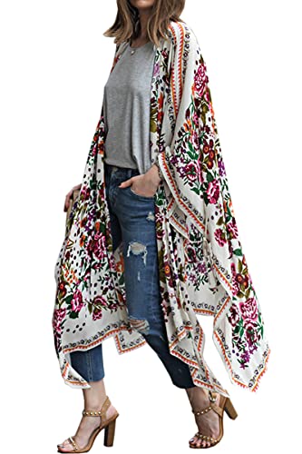 Hibluco Damen-Kimono aus Chiffon, durchsichtig, mit Blumenmuster, langes, lockeres Oberteil - - Large von Hibluco