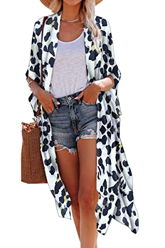 Hibluco Damen Sommer Chiffon Floral Kimono Cardigan Lange Bademode Cover Ups, S28, Groß von Hibluco