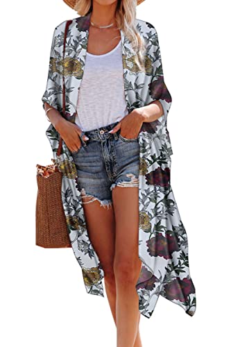 Hibluco Damen-Kimono-Cardigan, durchsichtig, Chiffon, Blumenmuster, lange Bluse - - XXX-Large von Hibluco