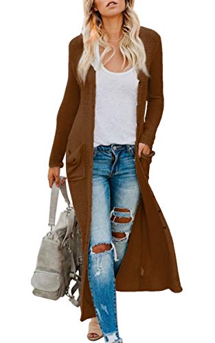 Hibluco Damen Leichte lange Strickjacke mit Knopfleiste und Taschen, Braun, Groß von Hibluco