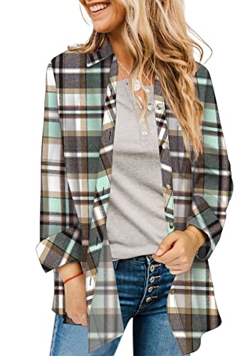 Hibluco Damen Plaid Shirts Langarm Button Down Shirt Casual Kariert Tops, Light Green, XXL von Hibluco