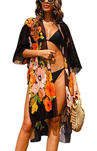 Hibluco Damen Sommer Chiffon Blumen Strand Kimono Cardigan Lange Cover Ups von Hibluco