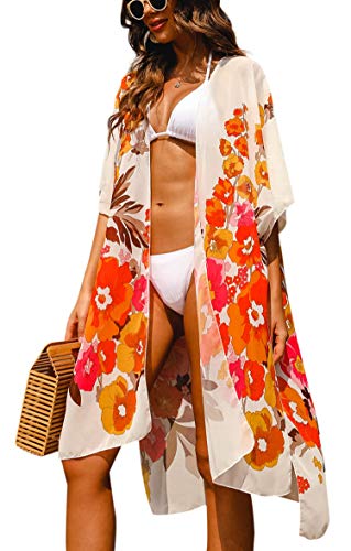 Hibluco Damen Sommer Chiffon Blumen Strand Kimono Cardigan Lange Cover Ups von Hibluco