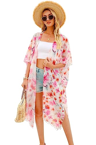 Hibluco Damen Sommer Chiffon Blumen Strand Kimono Cardigan Lange Cover Ups von Hibluco