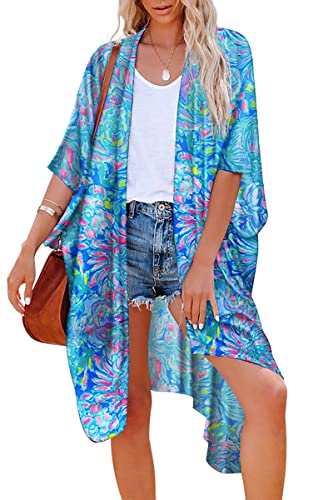 Hibluco Damen Sommer Chiffon Blumen Strand Kimono Cardigan Lange Cover Ups von Hibluco