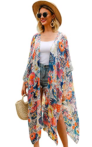 Hibluco Damen Sommer Chiffon Blumen Strand Kimono Cardigan Lange Cover Ups von Hibluco