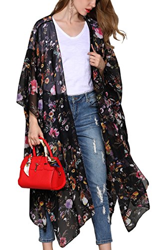 Hibluco Damen Sommer Chiffon Blumen Strand Kimono Cardigan Lange Cover Ups von Hibluco