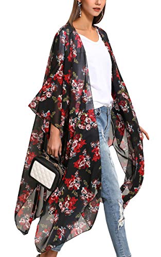 Hibluco Damen Sommer Chiffon Blumen Strand Kimono Cardigan Lange Cover Ups von Hibluco