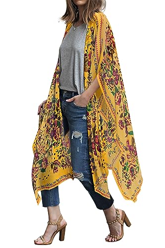 Hibluco Langer Kimono-Cardigan mit Blumenmuster für Damen, durchsichtig, Überzug, d49, X-Large von Hibluco